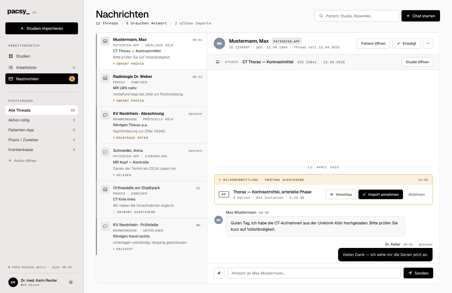 Produktvorschau der PACSY Inbox mit Demodaten