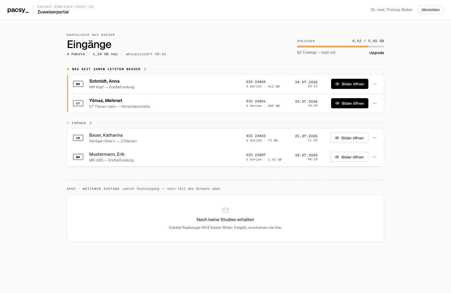 PACSY Zuweiserportal mit empfangenen Untersuchungen